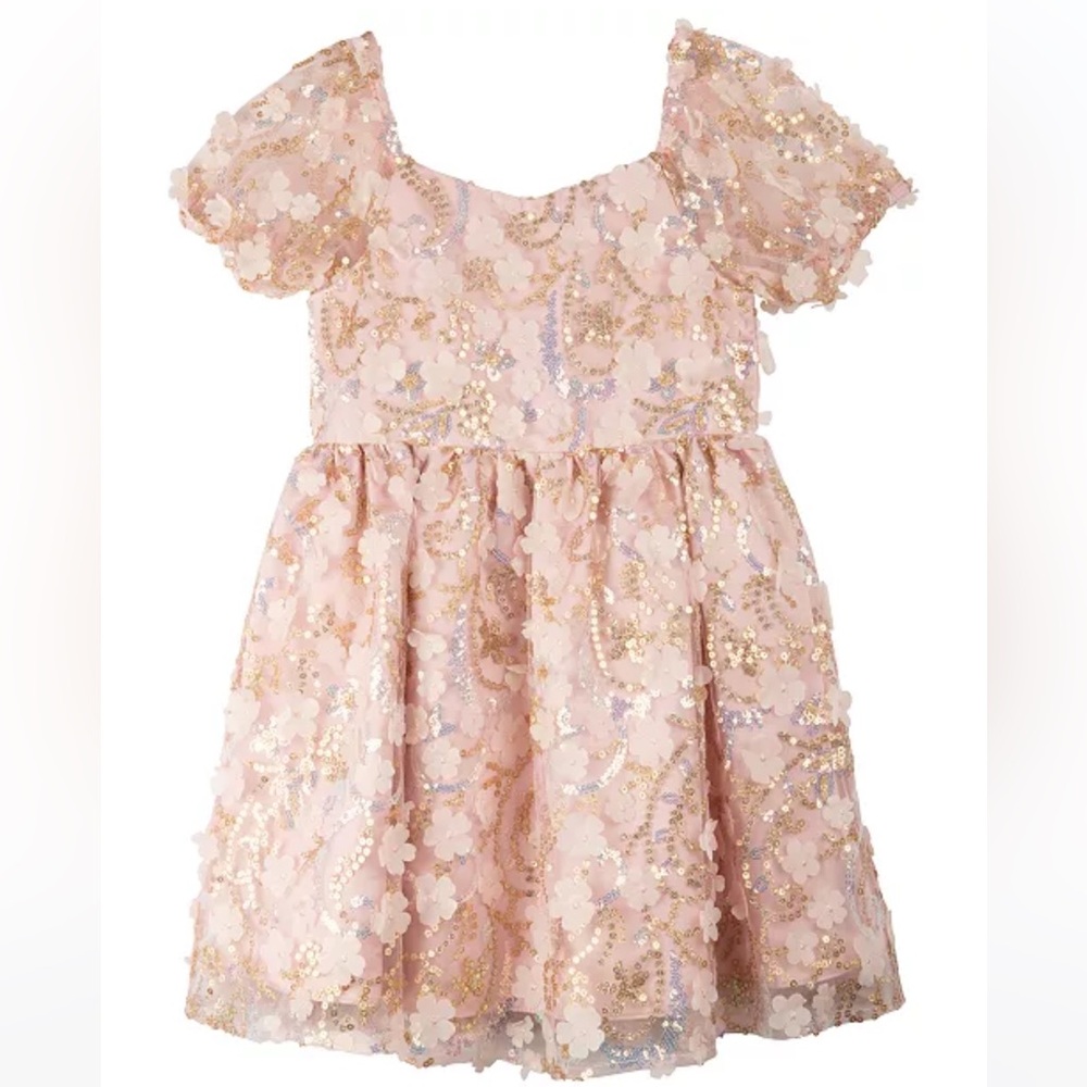 Rare Editions All-Over Sequin Soutache Social Dress, Pink, 4T